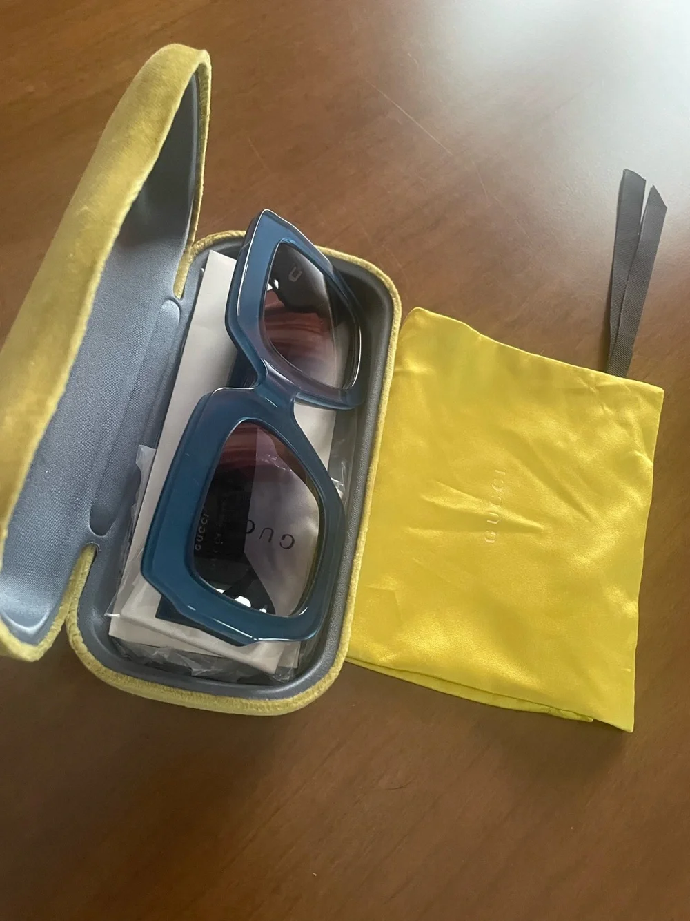 Gucci Blue Rectangular Logo Sunglasses with Gold Accents